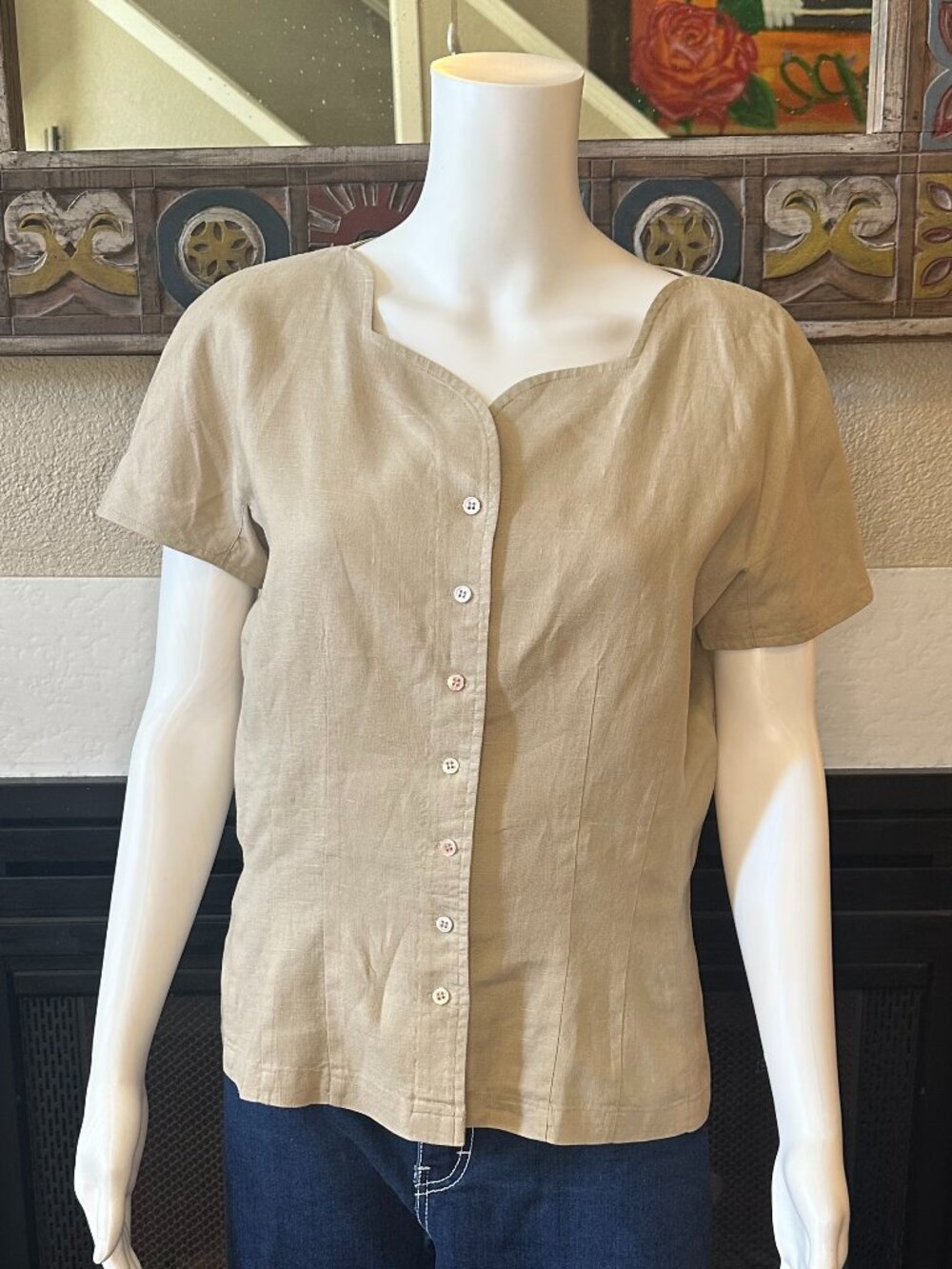 Claude Bennett Short Sleeve 100% Linen Size 12 tan button up blouse vtg